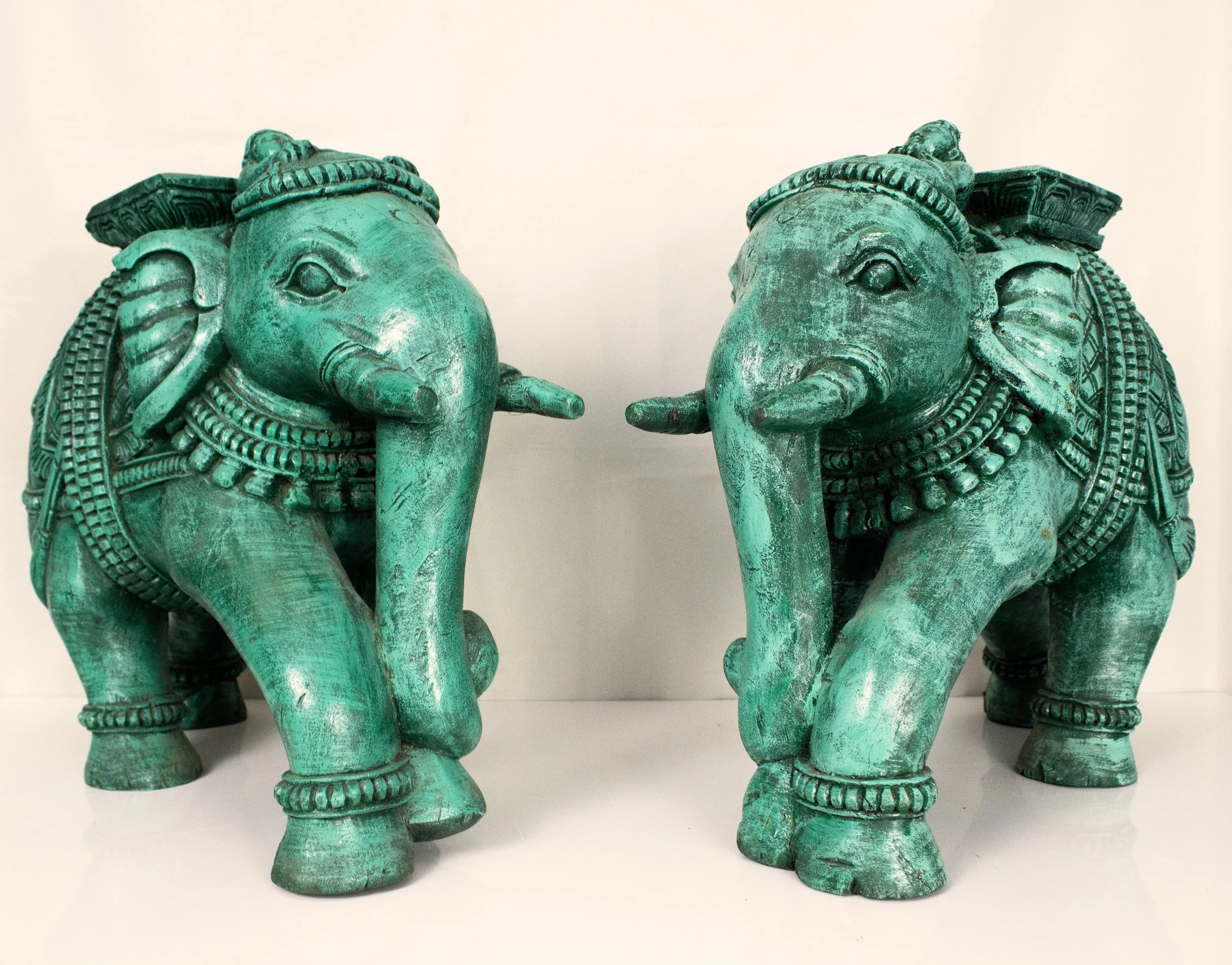 Turquoise Royal Elephants with Mahout - Pair - 21 